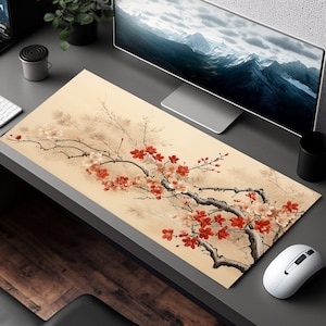 Beige Desk Mat, Japan Mouse Pad, Sakura Mousepad, Japanese Desk Pad, Cute Desk Decor, Aesthetic Office, XL XXL Big Giant Extra Large