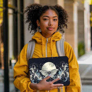 Gothic Moon and Moth Laptop Sleeve, Goth Tablet Sleeve, Computer Bag, Goth Pencil Case, Moth Tablet Case, Laptop Cover