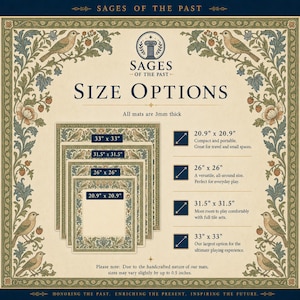 May include: A Sages of the Past size options chart for square mats, all 3mm thick. It lists four sizes: 20.9 x 20.9 inches, 26 x 26 inches, 31.5 x 31.5 inches, and 33 x 33 inches, framed by a decorative border with birds and floral motifs.