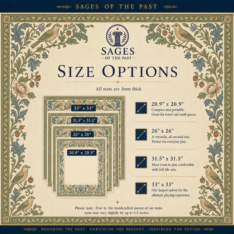 May include: A Sages of the Past size options chart for square mats, all 3mm thick. It lists four sizes: 20.9 x 20.9 inches, 26 x 26 inches, 31.5 x 31.5 inches, and 33 x 33 inches, framed by a decorative border with birds and floral motifs.