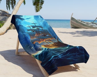 Fantasy Anime Pirate Ship Beach Towel - Nautical Adventure Design - Unique & Vibrant Artwork - Soft and Absorbent Beach Essential
