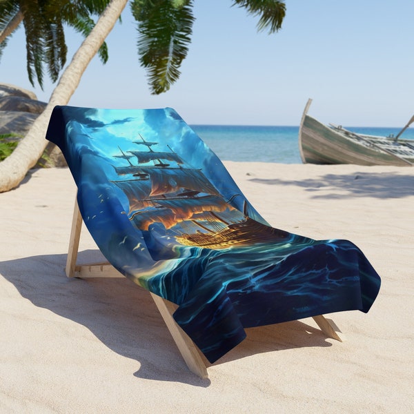 Fantasy Anime Pirate Ship Beach Towel - Nautical Adventure Design - Unique & Vibrant Artwork - Soft and Absorbent Beach Essential