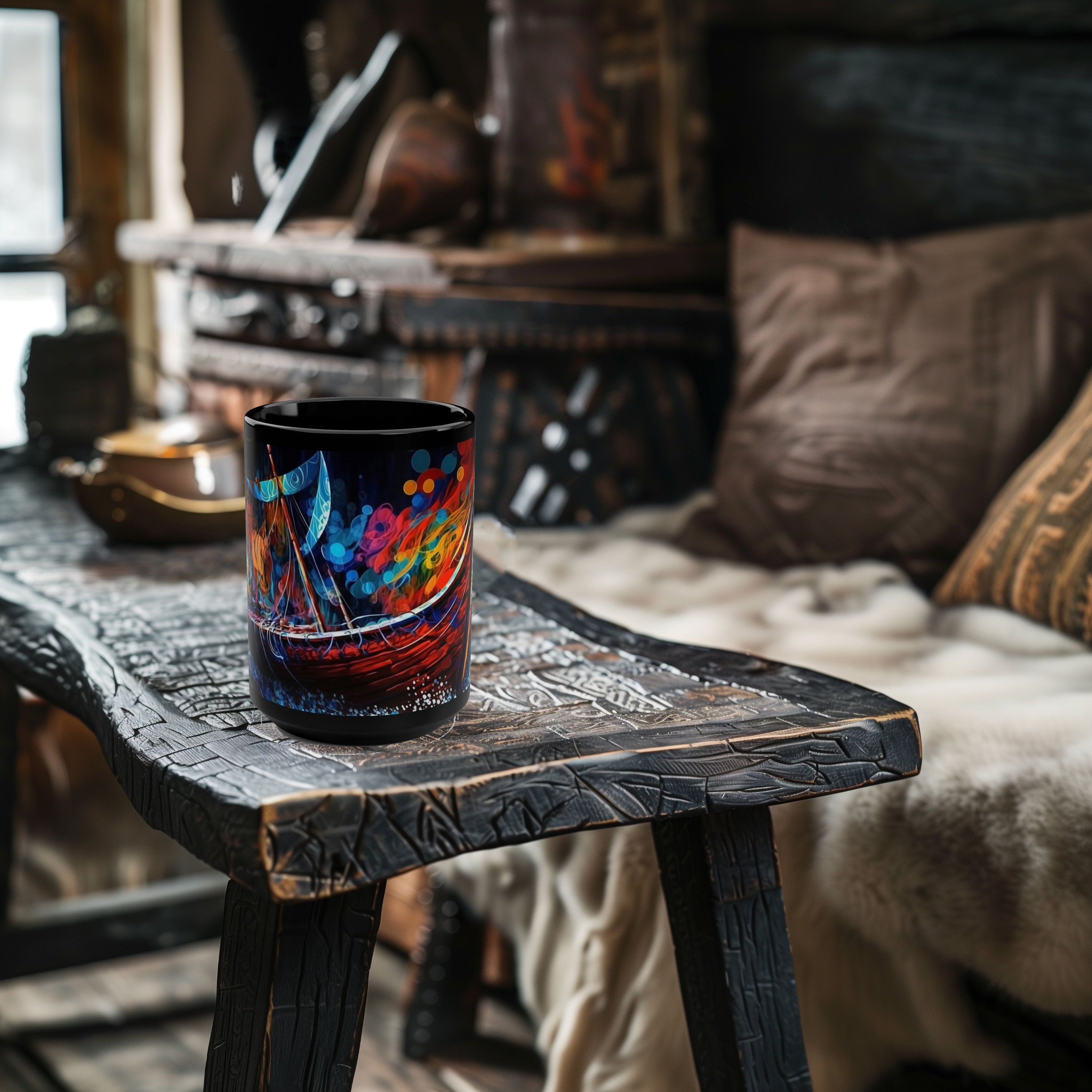 Viking Ship 15oz Black Coffee Mug