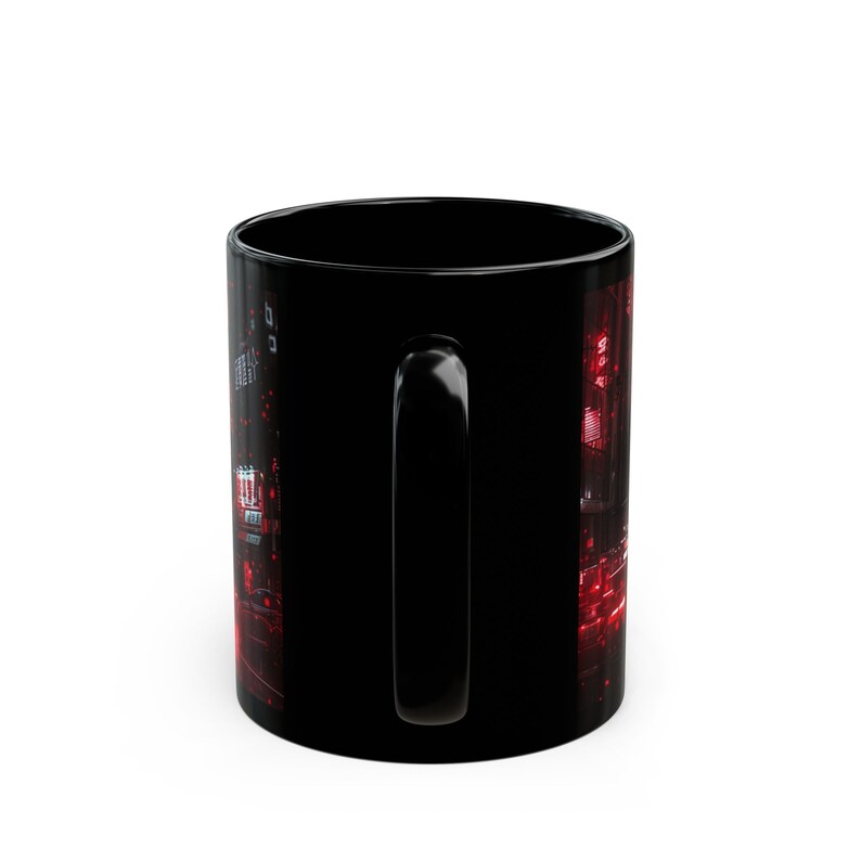 Neon Red Cyberpunk City in the Rain - Gamer Mug - Gift for Husband, Son, Dad, Boyfriend, 11oz or 15oz Black Ceramic Mug image 5