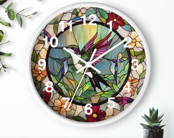 Lovely Hummingbirds Round Wall Clock Featuring Look of Stained Glass Art - Colorful Wall Clock for Home, Office, Dorm or Classroom