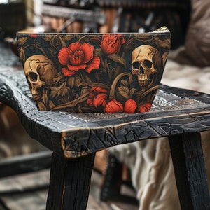 Dark Academia Accessory, Gothic Skull and Rose Cosmetic Travel Bag, Cute Makeup Bag, Floral Pencil Case, Cubist Art Style