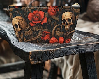 Dark Academia Accessory, Gothic Skull and Rose Cosmetic Travel Bag, Cute Makeup Bag, Floral Pencil Case, Cubist Art Style