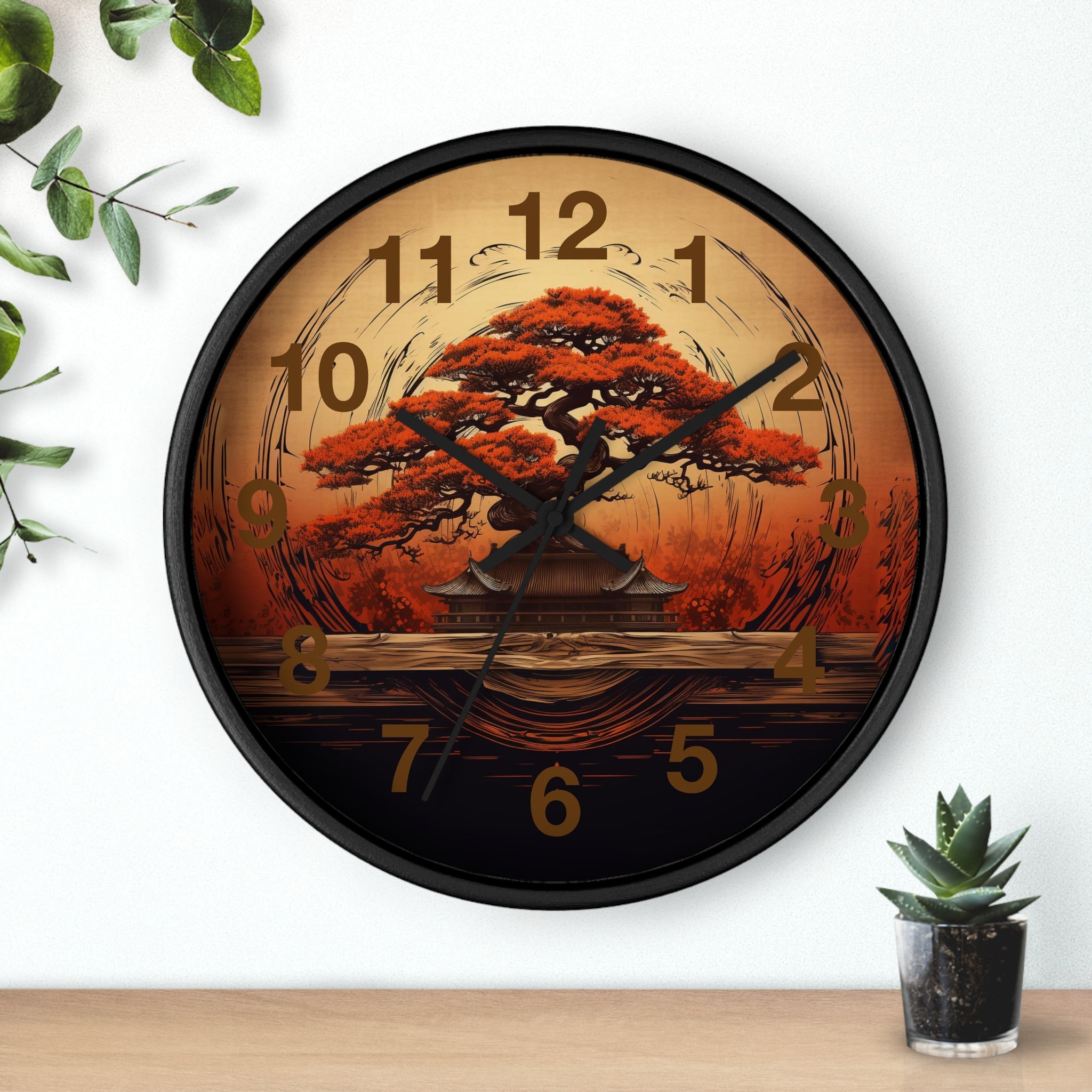 Unique Japanese-inspired Wall Clock, Vibrant Bonsai Tree Artwork