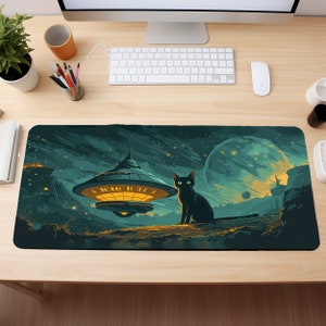 UFO Cat Mousepad XL, Kitty Mouse Pad XXL, Space Mousemat Big, Pop Art Desk Mat, Extra Large Deskmat, Oversized Desk Pad, Lofi Deskpad image 3