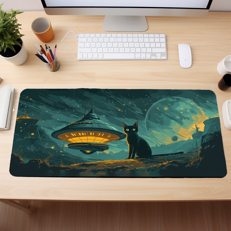 UFO Cat Mousepad XL, Kitty Mouse Pad XXL, Space Mousemat Big, Pop Art Desk Mat, Extra Large Deskmat, Oversized Desk Pad, Lofi Deskpad image 3