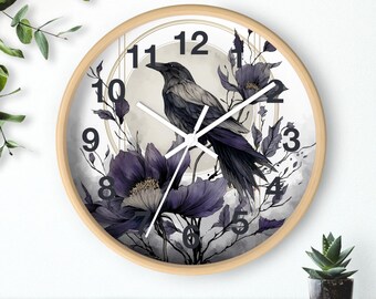 Art Nouveau Floral Crow 10" Round Wall Clock - Office Clock - Kitchen Clock - Home Decor - Cute Goth Wall Clock - Crow Gifts - Gift for Her