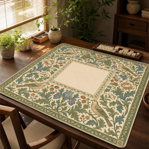 William Morris Inspired Mahjong Mat | Arts and Crafts Thrush & Strawberry Game Mat | Victorian Botanical Non Slip Mat | Sages of the Past