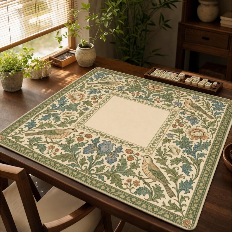 May include: A square game mat featuring a cream-colored center bordered by a detailed botanical pattern. The design includes green foliage, blue and orange flowers, strawberries, and birds perched on branches, all set against a light background.