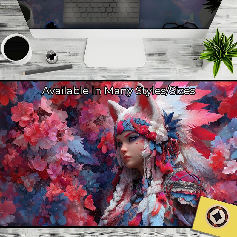 Fox Spirit Blossom Gaming Desk Mat - Floral Anime Aesthetic XL Mouse ...