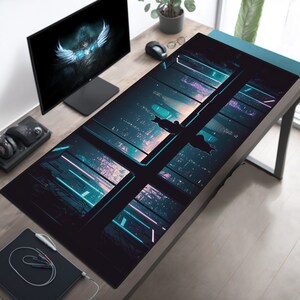 Cyberpunk Cat Watching City, Lo Fi Mousepad, Cyberpunk Desk Mat, City Desk Pad, Skyline Mouse Pad, Fantasy Playmat, Gaming Play Mat