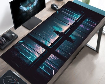 Cyberpunk Cat Watching City, Lo Fi Mousepad, Cyberpunk Desk Mat, City Desk Pad, Skyline Mouse Pad, Fantasy Playmat, Gaming Play Mat