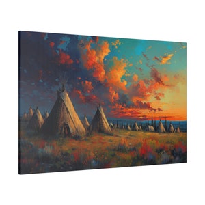 May include: A painting of a Native American village with teepees set against a dramatic sunset sky. The sky is a mix of orange, red, and blue with fluffy clouds. The teepees are made of canvas and are brown and white.