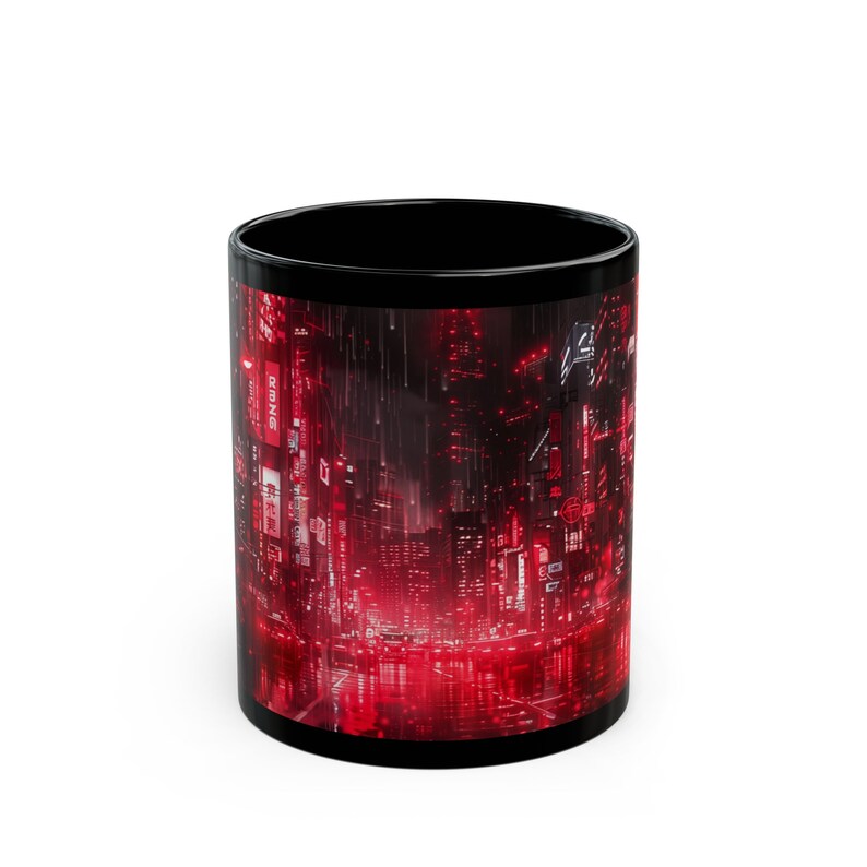 Neon Red Cyberpunk City in the Rain - Gamer Mug - Gift for Husband, Son, Dad, Boyfriend, 11oz or 15oz Black Ceramic Mug image 2