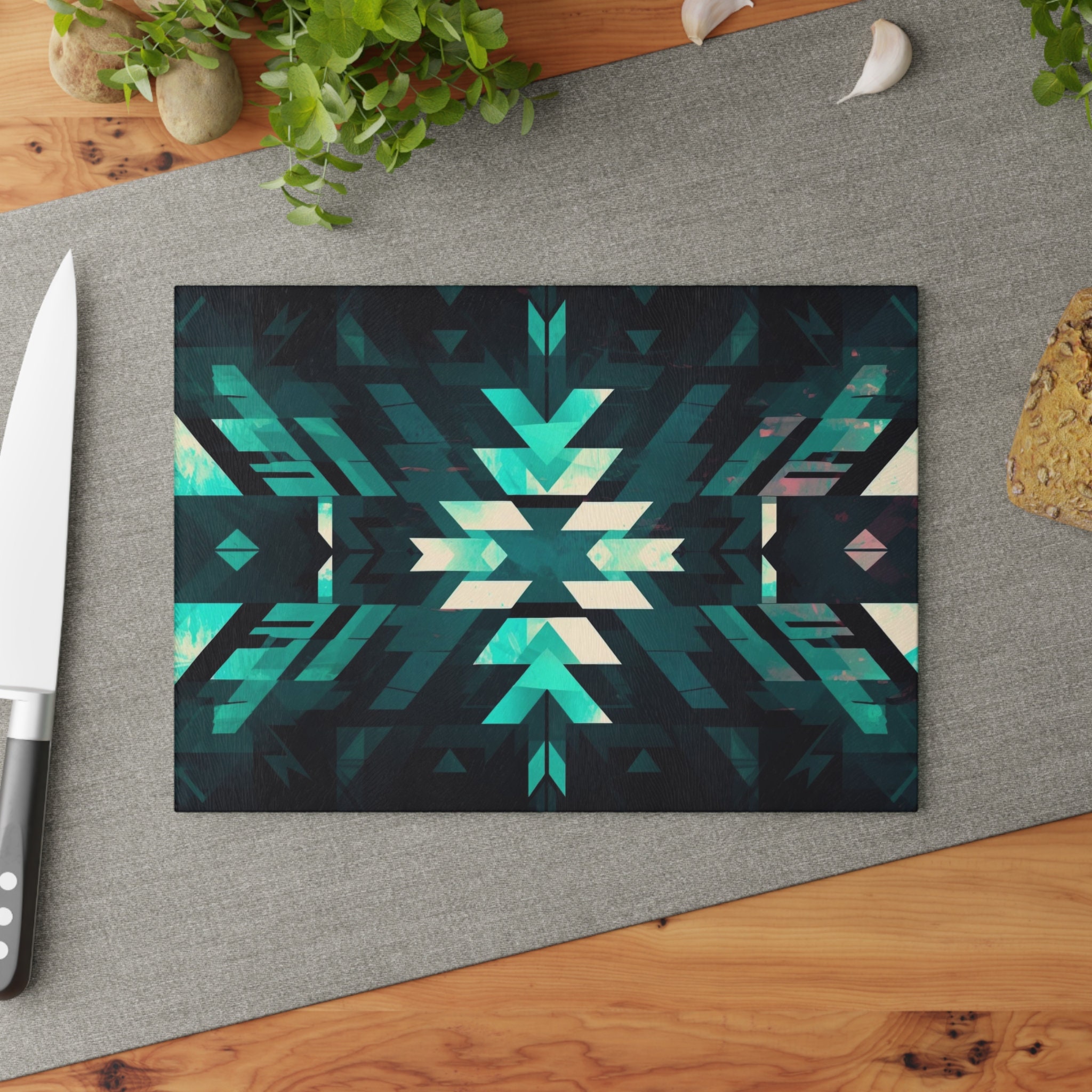 Aztec Green Geometric Glass Cutting Board