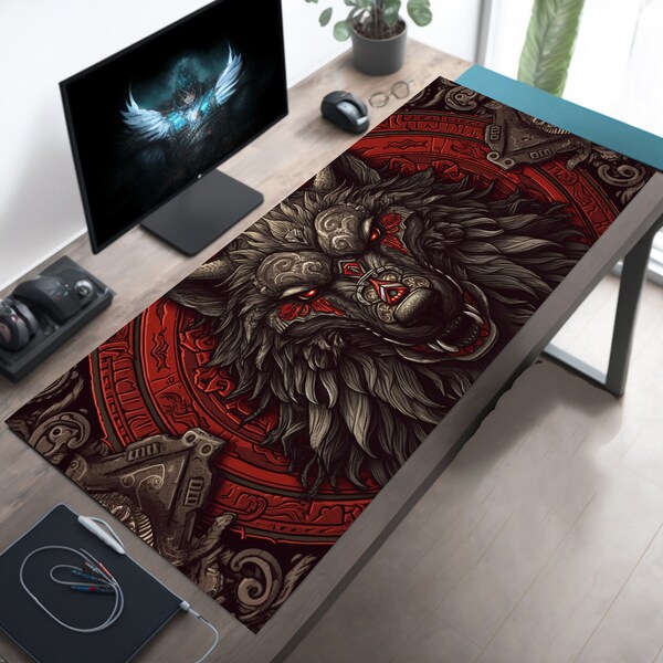 Viking Dire Wolf Desk Mat, Viking Desk Pad, Norse Deskmat, Nordic Deskpad, Mythological Mousepad, Viking Mouse Pad for Gaming