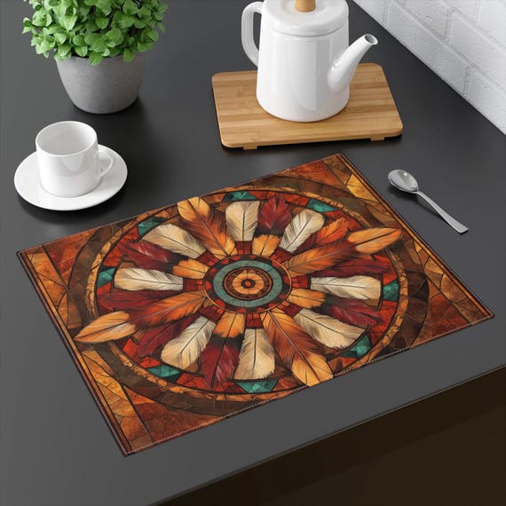 Native American Inspired Feather Art Dining Table Placemat - Tribal Dining and Kitchen Decor - Gift for Wife/Daughter - Southwest Home Decor