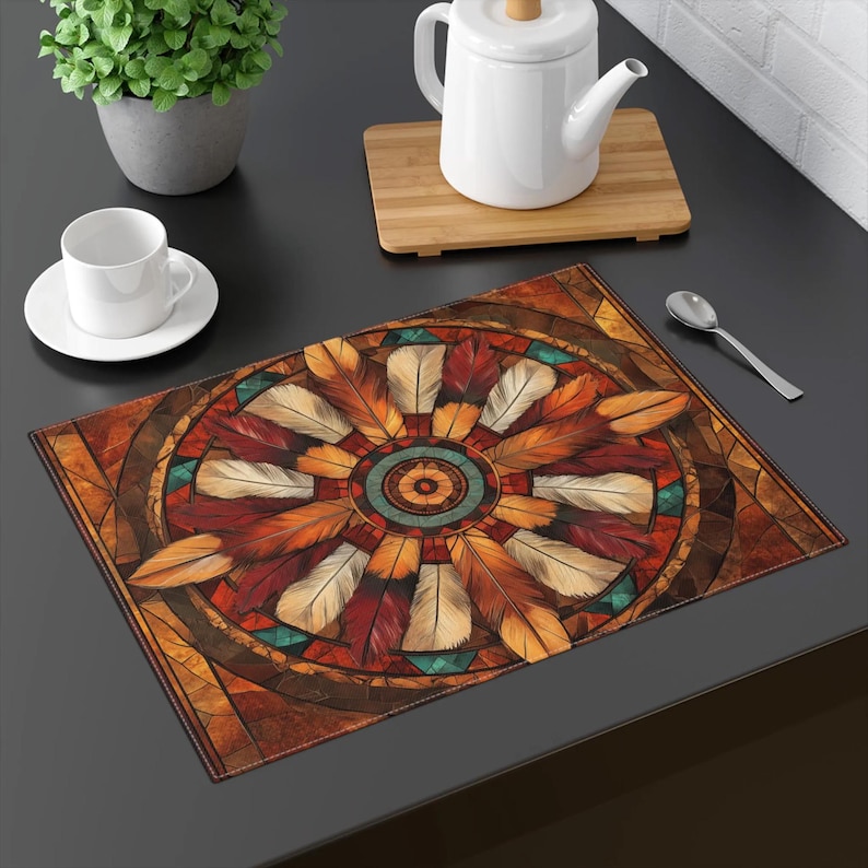 Native American Inspired Feather Art Dining Table Placemat - Tribal Dining and Kitchen Decor - Gift for Wife/Daughter - Southwest Home Decor image 1