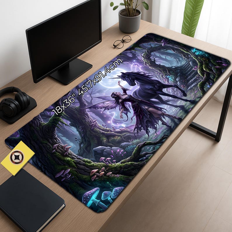 May include: A large rectangular desk mat with a fantasy scene featuring a fairy, a black unicorn, and a mystical forest. The mat measures 45.7cm x 91.4cm and has a vibrant, detailed design with purple and green hues.