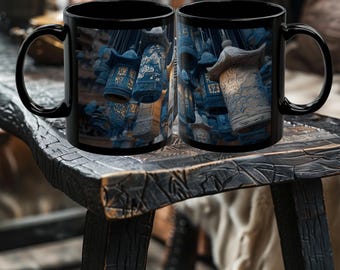 Caneca de lanternas japonesas - Caneca de arte japonesa fofa - Decoração de jantar japonesa - Xícara de café japonesa - Caneca de cerâmica preta de 11 oz ou 15 oz