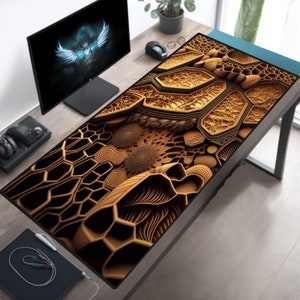 Aesthetic Mousepad, Cute Mouse Pad, Honeycomb Desk Mat, Golden Desk Pad, XXL Deskpad, XL Deskmat, Oversized Desk Protector, Extra Large Big