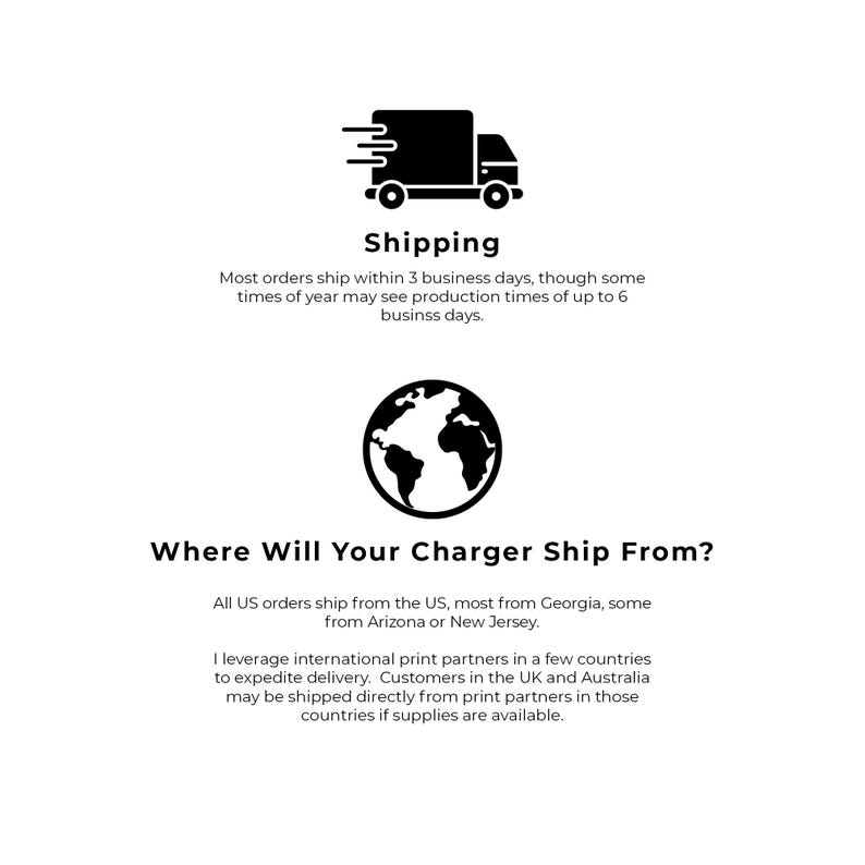 May include: Black and white illustration of a delivery truck with a globe of the world. Text reads "Shipping" and "Where Will Your Charger Ship From?"  All US orders ship from the US, most from Georgia, some from Arizona or New Jersey. I leverage international print partners in a few countries to expedite delivery. Customers in the UK and Australia may be shipped directly from print partners in those countries if supplies are available.