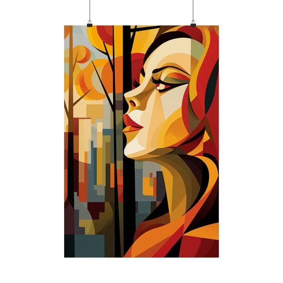 Autumn Lady Poster, Cubism Wall Decor, Cubist Poster Art, Cubist