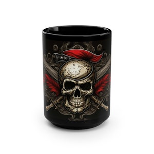 Caneca de café pirata, 15 oz, caneca de café fantasia, caneca de café caveira e ossos cruzados, xícara de café preta, presente para amantes de piratas, caneca pirata imagem 2