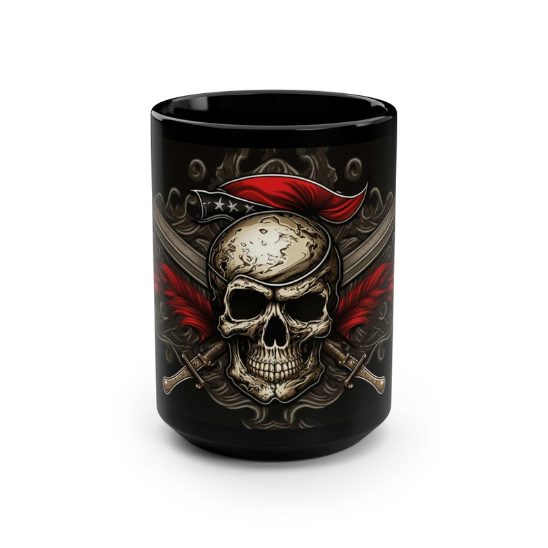 Caneca de café pirata, 15 oz, caneca de café fantasia, caneca de café caveira e ossos cruzados, xícara de café preta, presente para amantes de piratas, caneca pirata imagem 2