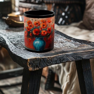Artful Red Flowers in Blue Pot, Cute Floral Mug, Flowers Coffee Mug, 11oz or 15oz, Black Ceramic Mug