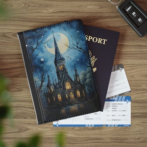 Funda para pasaporte con diseño de iglesia gótica, billetera gótica para pasaporte, estuche para pasaporte