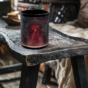 May include: Black ceramic mug featuring a red Christmas tree design within an archway, set against a stormy sky. The mug is cylindrical and stands on a dark wooden surface, creating a contrast of colors and textures.