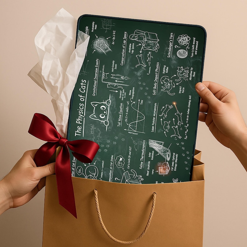 May include: A dark green rectangular mat featuring the text "The Physics of Cats" and scientific diagrams. The mat is inside a brown gift bag with a red bow. The mat's design includes cat illustrations and physics concepts.