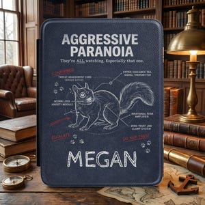 May include: A dark blue tablet case with the words "AGGRESSIVE PARANOIA" in white. A detailed diagram of a squirrel is featured, with labels like "Threat Assessment Core" and "Acorn Loss Anxiety Module." The name "MEGAN" is also displayed.