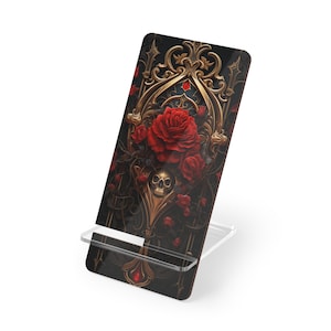 Fantasy Gothic Red Rose and Skull Phone Stand, iPhone Display Stand, Phone Desk Stand, Phone Desk Display, Cell Phone Stand