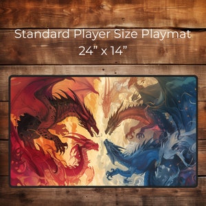 May include: A colorful playmat featuring five dragons in a circular formation. The dragons are red, orange, yellow, blue, and white. The playmat is 24 inches by 14 inches.