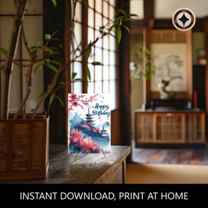 May include: Printable birthday card featuring a watercolor illustration of a Japanese pagoda with cherry blossoms. The card reads "Happy Birthday".