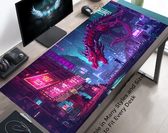 Pixelart Cyberpunk Tokyo and Cyberdragon Fantasy Gaming Desk Mat Mousepad XL, Retro Playmat MTG, Gamer Gift, Game Table Decor