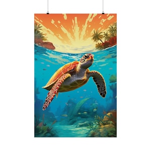 Sea Turtle Poster Print, Ocean Life Wall Decor, Beach Home Decor, Bedroom Wall Art, Living Room Frameable Poster Decor
