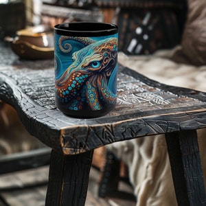 Epic Fantasy Octopus 15oz Mug, Octopus Mug, Dazzling Colors, Orange, Blue, Green, Deep Blue Sea, Unique Ocean Creature, Underwater Adventure