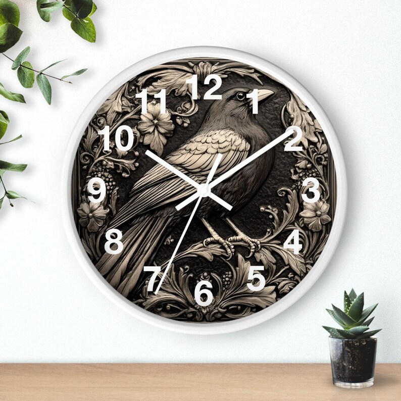 Art Nouveau Gothic Crow 10" Round Wall Clock - Wooden Case - Battery Operated - Silent Mechanism - Cute Home Decor Gift for Mom image 3