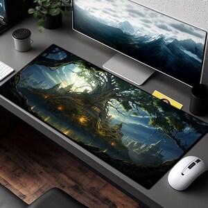 May include: A black and gray gaming mouse pad with a fantasy illustration of a large tree with roots growing over a city. The city is surrounded by water and the sky is a dark blue with clouds.