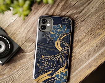 Golden Tiger and Peonies Wave iPhone Case | Navy Floral Japanese Style Tough Phone Case