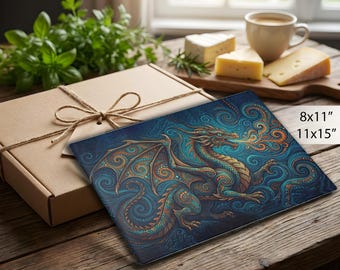 Accesorio de cocina para amantes de los dragones: tabla de cortar de vidrio templado con un dragón colorido en puntillismo
