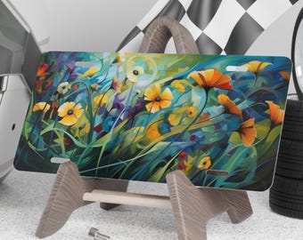 車のナンバープレート、コテージコアのまばゆい野の花の車のフロントプレート、花のアート、車のフロントタグ