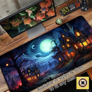 Mysterious Houses on a Mystic Midnight Desk Mat, Halloween Mousepad, Blue Moon Mouse Pad, Spooky Deskmat, Lofi Desk Mat